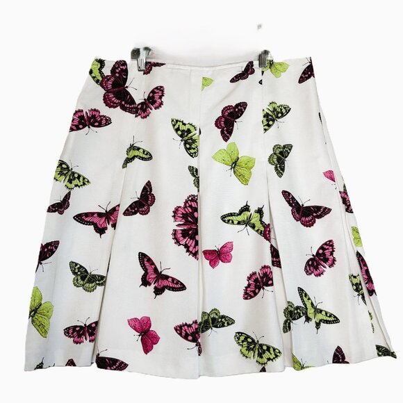Talbots Skirt‎ Women’s Sz 16 Ivory White w/Green-Pink Butterflies A-Line Pleated - Picture 3 of 12